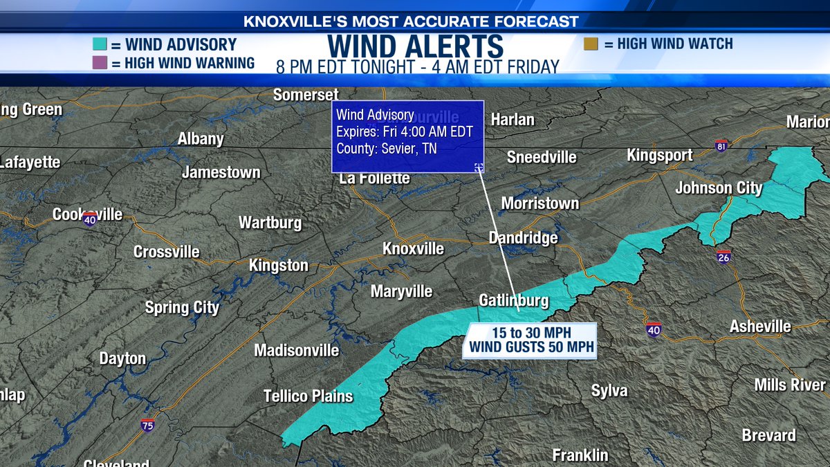 wateweather's tweet image. A Wind Advisory has been issued for the highest peaks of the Smokies. This will go into effect tonight at 8 PM EDT and extend through 4 AM EDT Friday morning. Winds may gust up to 50 mph! #TNwx #WATEwx