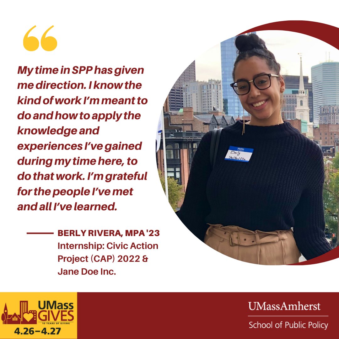UMassPolicy's tweet photo. It's the FINAL day of UMassGives '23! Can we count on your support? ❤️
Happiness is helping students like Berly, MPA '23, access internships & fellowships to make social change. 😀
DONATE NOW ➡️ https://t.co/W1vnqcmu74.
#givehappy #umassgives2023 #umassspp #goumass #spppride https://t.co/erVgIDzakU