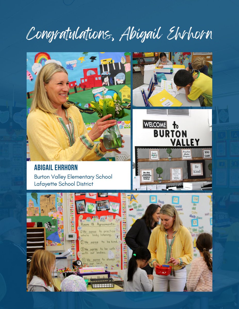 CoCoSchools's tweet photo. Congrats to Abigail Ehrhorn, a Burton Valley Elementary teacher in Lafayette. She is the Teacher of the Year for her school district! Ehrhorn has been a 1st-grade teacher for 25 years, and you can tell when you walk into her classroom that she loves teaching 1st-grade. #CCCTOY23 https://t.co/707OZDWZ9X