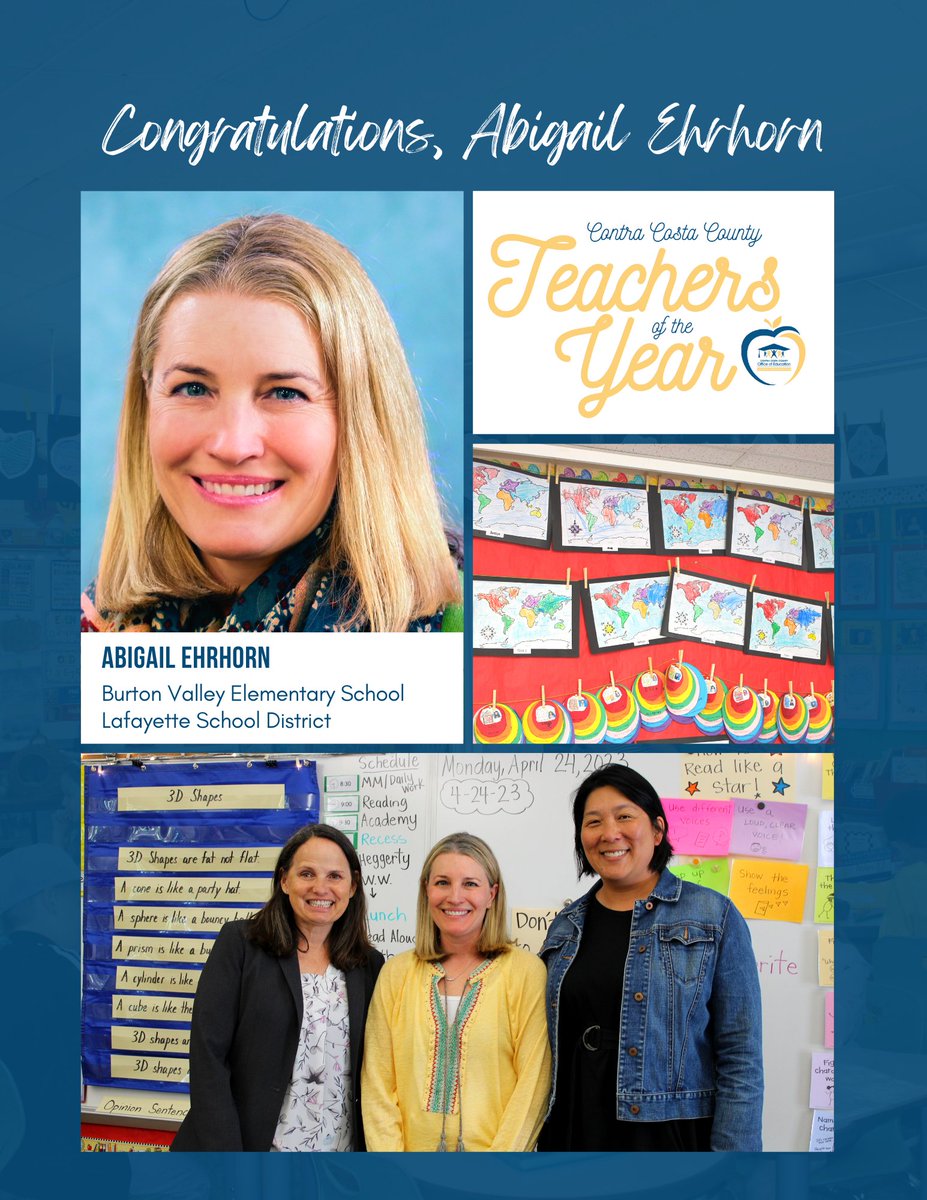 CoCoSchools's tweet photo. Congrats to Abigail Ehrhorn, a Burton Valley Elementary teacher in Lafayette. She is the Teacher of the Year for her school district! Ehrhorn has been a 1st-grade teacher for 25 years, and you can tell when you walk into her classroom that she loves teaching 1st-grade. #CCCTOY23 https://t.co/707OZDWZ9X