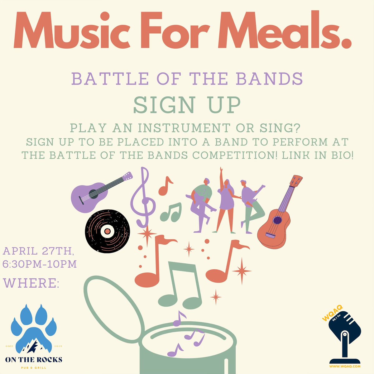 QUSchoolofComm's tweet photo. @WqaqRadio is back with another Music For Meals tonight at 6:30pm at On the Rocks! The entry fee is one canned food or meal points, and all donations will be given to the Keefe Community Center. Whoever brings canned goods will be entered into a raffle to win prizes! https://t.co/Kp5SXSwRly