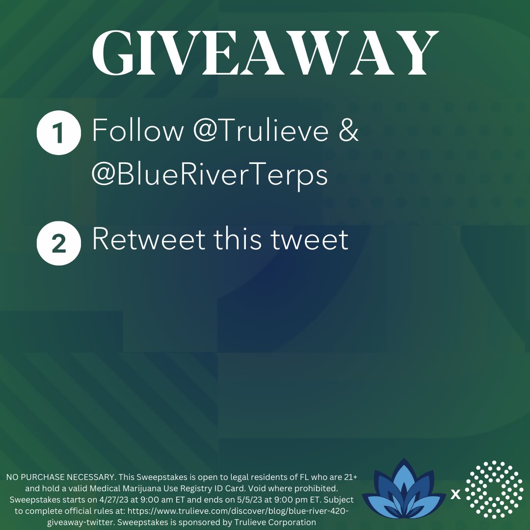 Trulieve's tweet image. 🎉 GIVEAWAY ALERT 🎉 Trulieve has teamed up with #BlueRiver to bring you a chance to win some of their limited edition swag &amp;amp; a @Puffco Peak!
1️⃣ FOLLOW @Trulieve &amp;amp; @BlueRiverTerps 
2️⃣ RETWEET this tweet
🏆2 will be winners selected next week

📲Full Rules: trulieve.com/discover/blog/…