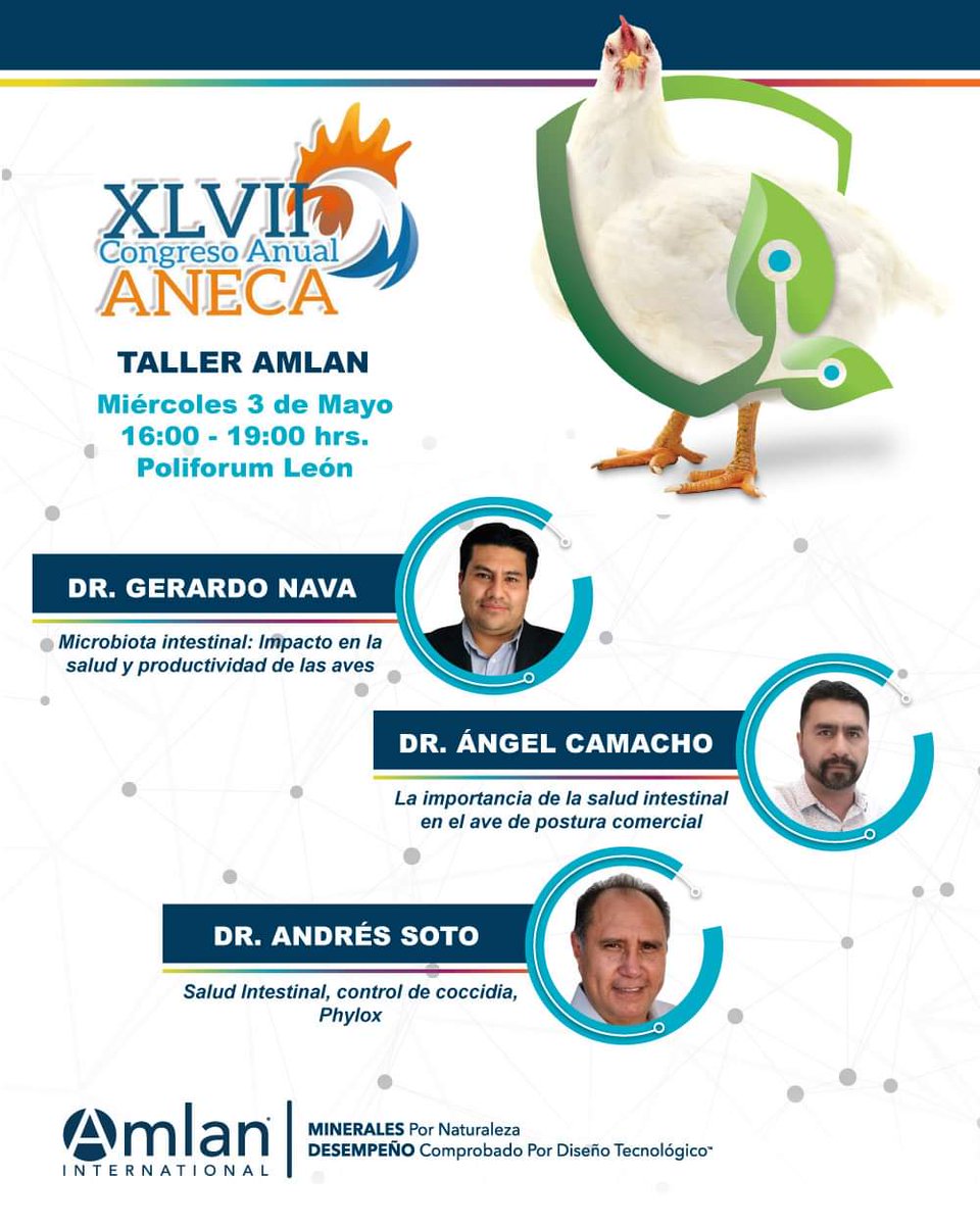 Los invitamos al Taller de Amlan que se realizará el miércoles 3 de mayo a las 16:00 hrs., Salón A del Poliforim León, en el marco del XLVII Congreso Anual ANECA 2023.

#ANECA #Aneca2023 #Amlan #Avicultura #SaludIntestinal