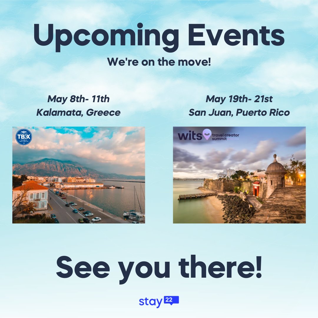We're on the road in May! See you soon <a href="/TBEXevents/">TBEX | Travel Blog Exchange</a> and <a href="/WITSummit/">WITS Travel Creator Summit</a> !✈️ stay22.com/blog/stay22-up…

#Stay22 #tbexeurope2023 #wits2023 #traveltech #tradeshow