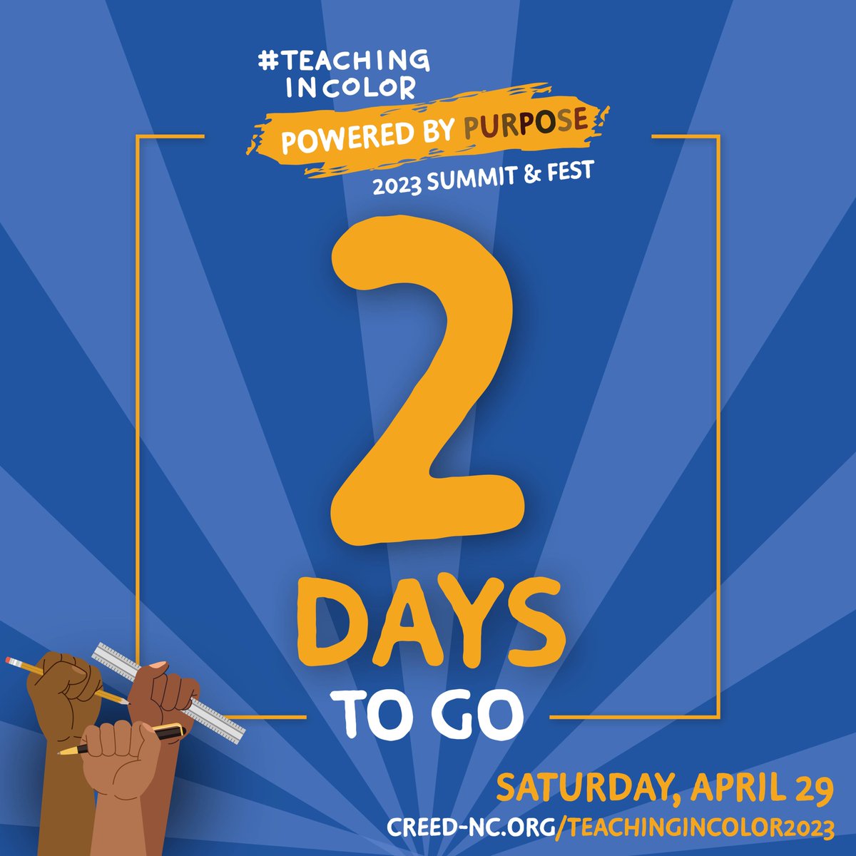 TeachInColorNC's tweet image. We're getting close y'all! 2️⃣ days to go!

Register for the hybrid #TeachinginColor Powered by Purpose Summit &amp;amp; Fest today: eventbrite.com/e/2023-teachin…