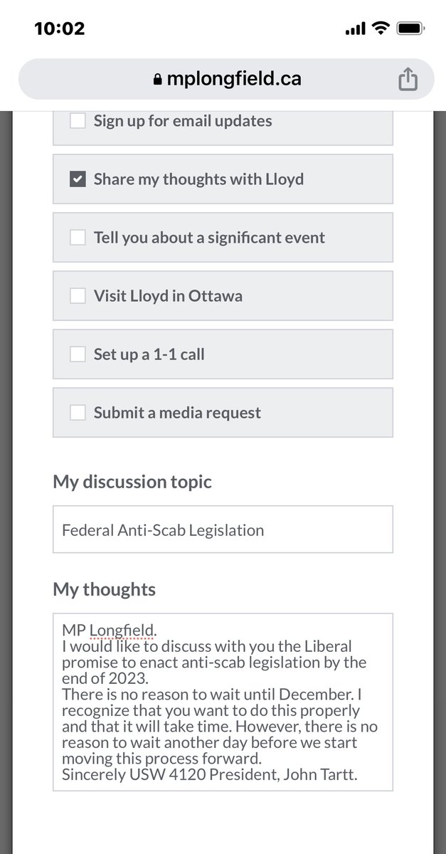 USW4120 (@usw4120) on Twitter photo #USWNPC2023 <a href="/SteelworkersCA/">United Steelworkers</a> @MartyWarrenUSW
Today I committed to lobbying my MP to enact anti-scab legislation. He just received the following request for a meeting. #USWNPC2023 <a href="/SteelworkersCA/">United Steelworkers</a> @MartyWarrenUSW
Today I committed to lobbying my MP to enact anti-scab legislation. He just received the following request for a meeting.
