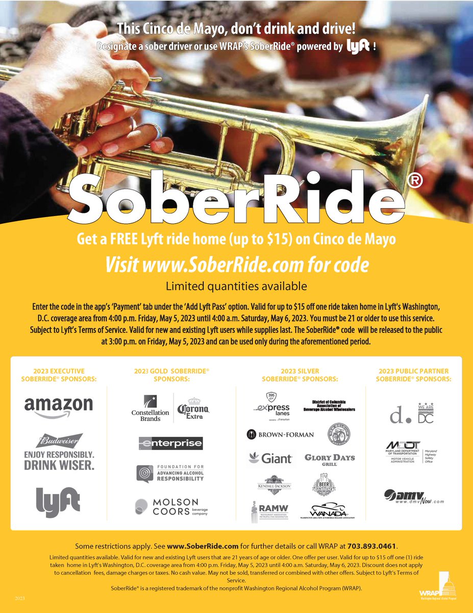 WRAP_org's tweet photo. Over a third of U.S. traffic deaths on Cinco de Mayo involve drunk drivers (33.9%, @NHTSAgov, 2021).

This Cinco de Mayo, designate a sober driver or use WRAP’s #SoberRide! 🎊 https://t.co/6cAYMRtXzy https://t.co/Frq2ttNdN8