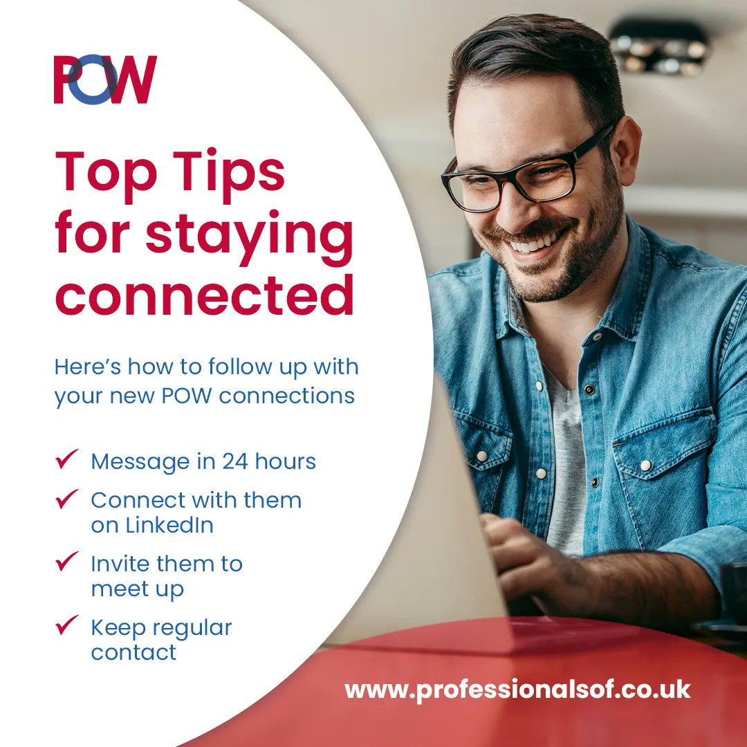 Profs_Wigan's tweet photo. Met someone at a POW networking event? Not sure how to follow up with your new connection?
Here are some tips to make sure you stay connected!
https://t.co/xd2gT5w3r4
#POW #networking #wigannetworking #professionalnetworking #b2b #businessnetworking #wiganbusiness #wigan https://t.co/R9G9NnQoBv