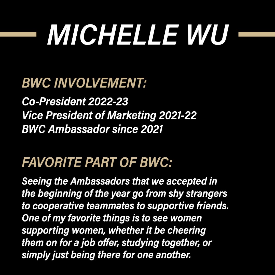 BWC's third senior highlight features Michelle Wu! After finishing her role as BWC Co-President and graduating from Purdue, she will work for Nestle as a member of their Nestle Sales Development Program in Sacramento, California.

@PurdueBusiness #BrockWilsonCenter
