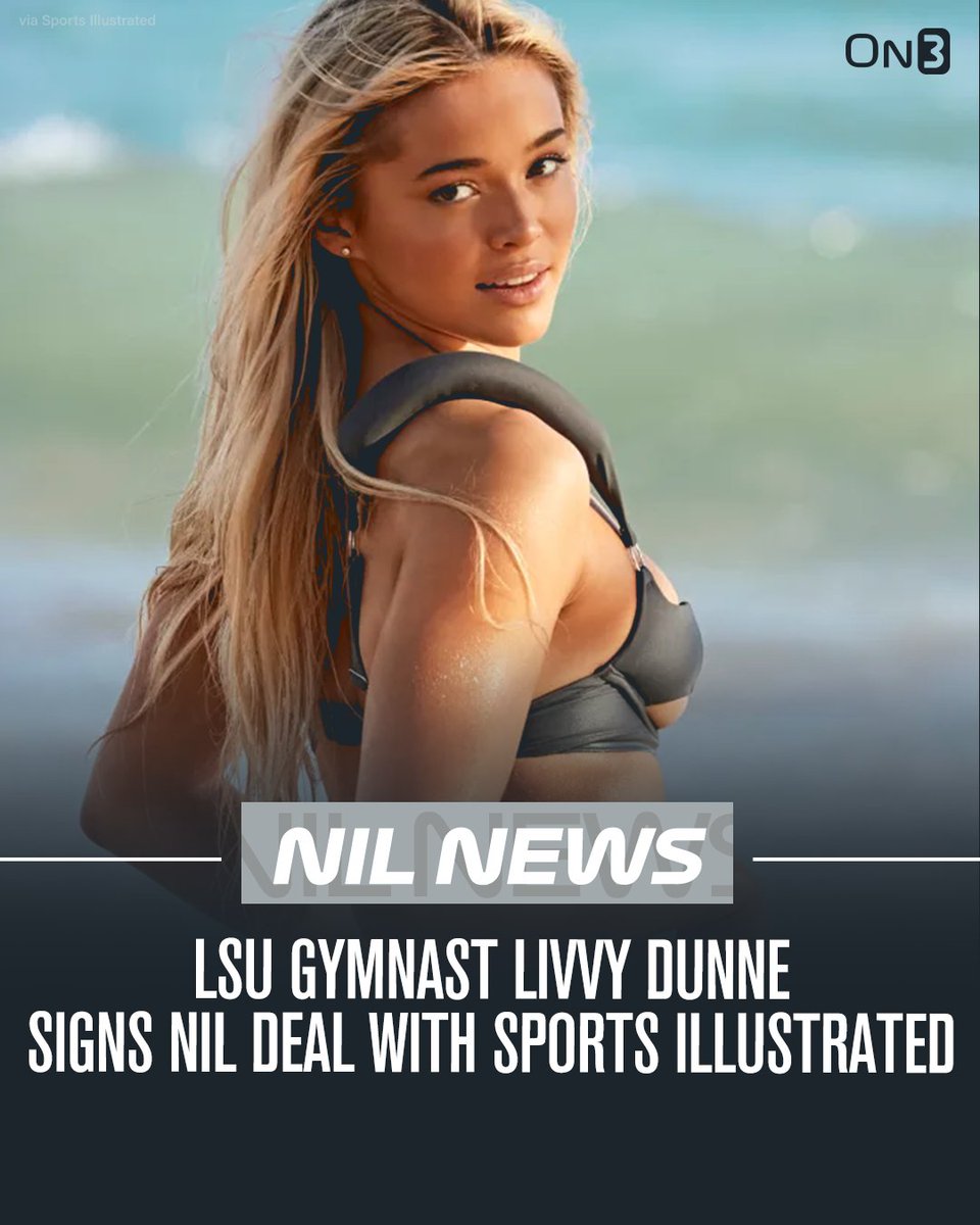 On3NIL's tweet photo. LSU gymnast Livvy Dunne has signed an NIL deal to join this year's SI Swimsuit edition. She's one of the only college athletes to ever be featured in the magazine.   

She holds a $3.5 million On3 NIL Valuation.   

Story: https://t.co/6yqNh2H7Ta https://t.co/iHo5SqavCh