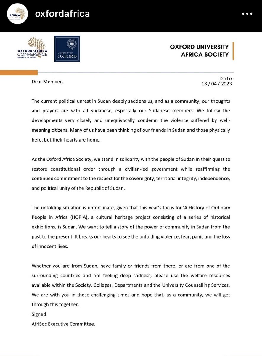 @HOPIA_Oxford is sponsored by @TORCHOxford as part of the Humanities Cultural Programme, @AfricaOxfordUni and partnered by @FusionArtsOx. Special contribution came from Oxford University Sudanese Society. 📎@oxfordafrica’s full statement about events in Sudan  (IG:@oxford_africa)