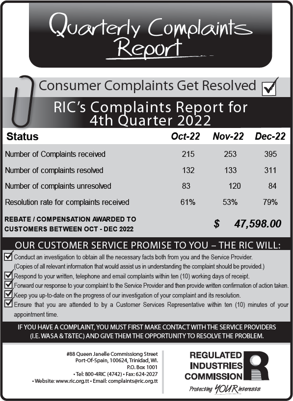 RIC_TT's tweet photo. For the period October-December 2022, the rebate/ compensation awarded to customers totalled $47,598.00.
I #ProtectingYOURInterests I #utilityregulation I #regulation #customerservice I #rebates I #compensation I #complaintsreport I https://t.co/XSmm9nOUaY