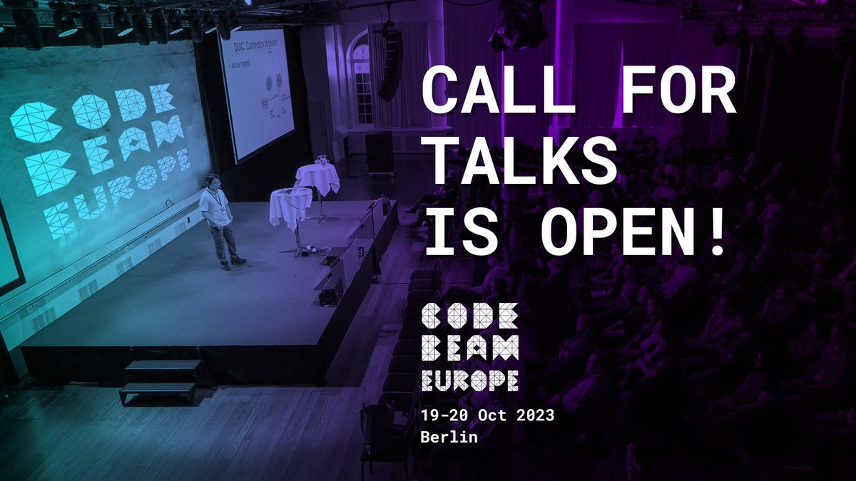 CodeBEAMio's tweet photo. Code BEAM Europe 2023 #CallForTalks is open!🔥
Do you have experience with #Erlang or #Elixir? Share your knowledge with the global community at #CodeBEAMEurope in Berlin! Submit your talk proposal by 17/06:
https://t.co/FQOcbLBUWH
#myelixirstatus #codebeam #elixirlang https://t.co/OSkGyyMy7W