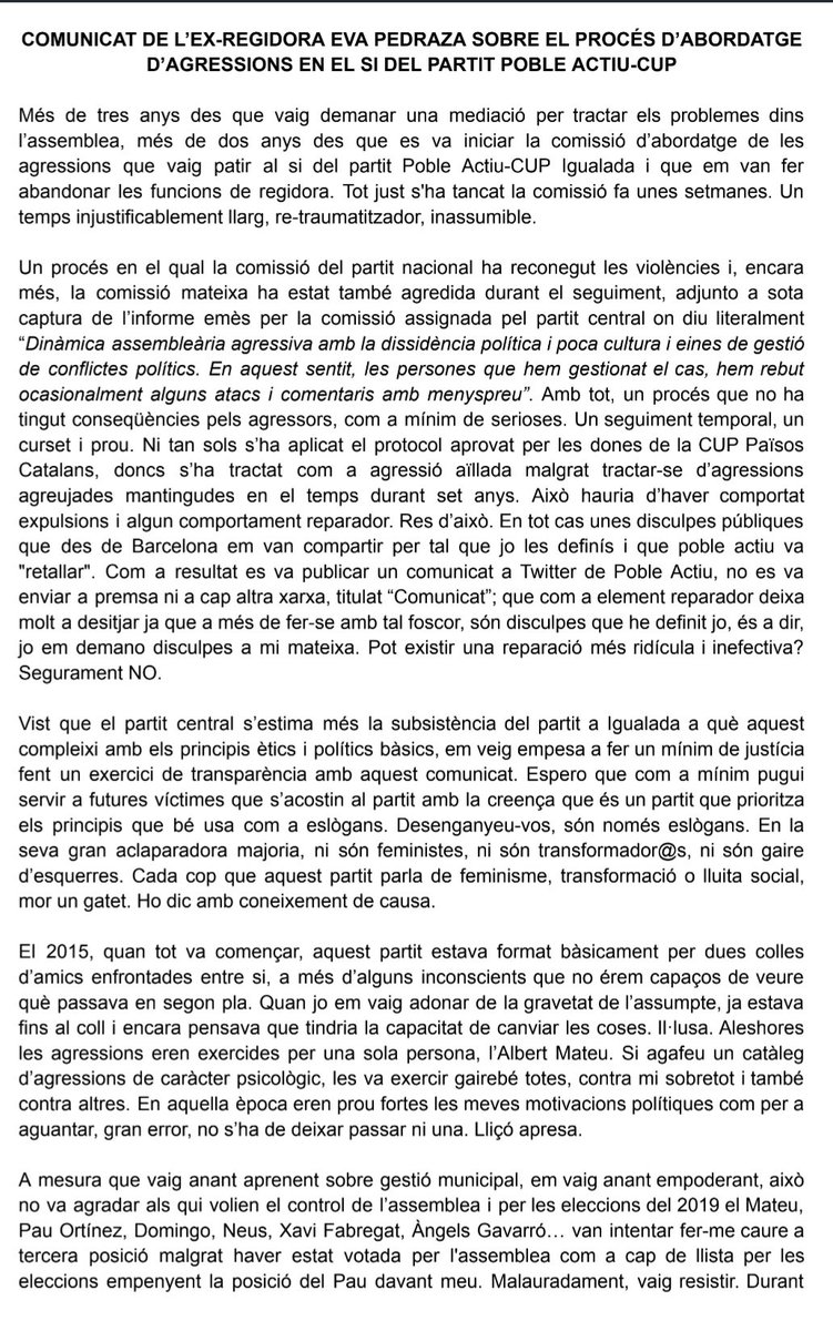 evapedraza's tweet photo. Comunicat valoratiu sobre el procés d'abordatge de les violències que em van fer abandonar el càrrec de regidora el 2021. Dos anys més tard, per fi ha acabat. https://t.co/GJkKSzy4mK