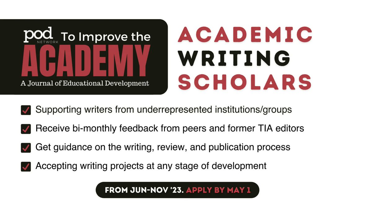 LAST CALL to apply for Academic Writing Scholars, by To Improve the Academy &amp; our Scholarship Committee.

This pilot aims to diversify the voices in #eddev scholarship by supporting up to eight writers from underrepresented groups/institutions.

Due May 1: buff.ly/3M2POFF
