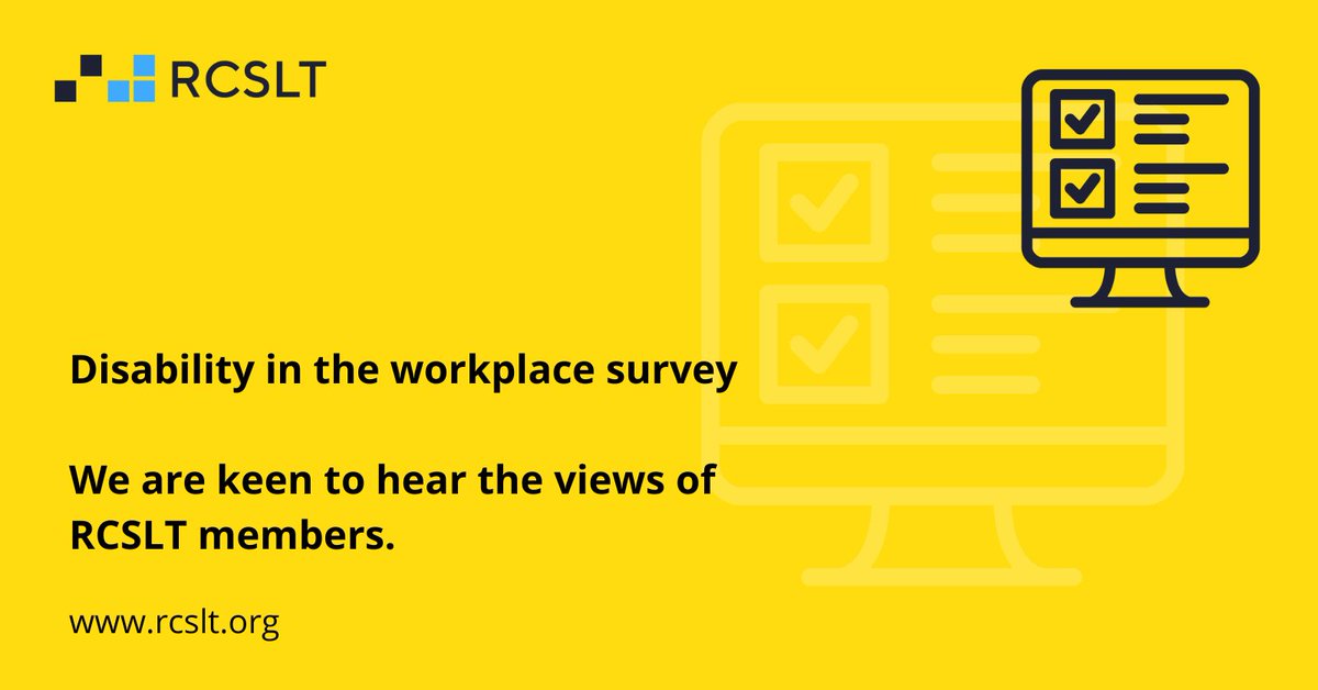 RCSLT's tweet photo. Calling all SLTs, SLT assistants, SLT apprentices &amp; students on pre-registration speech &amp; language therapy courses who have a disability, whether or not you have a formal diagnosis! Please take part in our Disability in the workplace survey: https://t.co/sFLU5Spl4a #slpeeps #SLT https://t.co/8aGim2fGlH