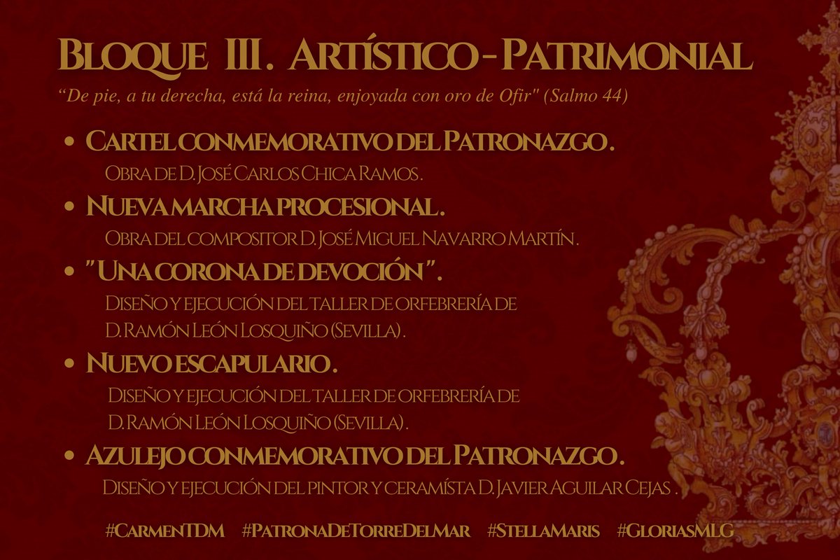 [PROGRAMA DE ACTOS DEL PATRONAZGO]

Con motivo de la reciente proclamación de Ntra. Sra. del #Carmen como patrona del pueblo de Torre del Mar, se confecciona el siguiente programa de actos que viene a exaltar la conmemoración del #patronazgo de nuestra amantísima titular.