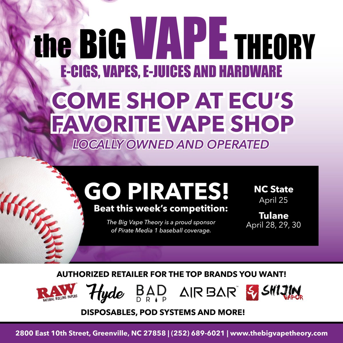 AD: The Big Vape Theory is a proud sponsor of Pirate Media 1 baseball coverage. Visit thebigvapetheory.com to view our selection of products.