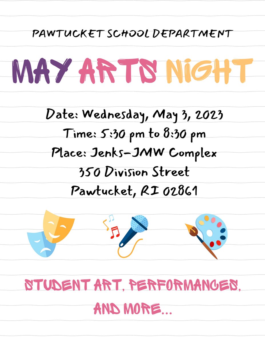 Reminder: May Arts Night is next Wednesday, May 3 at 8:30 at Jenks/JMW Complex! 

Come support our students who have been working so hard on their art and performances!