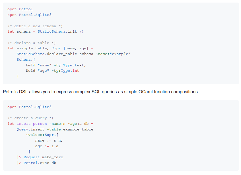 shakthimaan's tweet image. Petrol is a Free Software library that provides a high-level OCaml API to interact with SQL databases (Sqlite3 and Postgres) gopiandcode.github.io/petrol/petrol/… #OCaml #Sqlite3 @PostgreSQL #API @OCamlLang