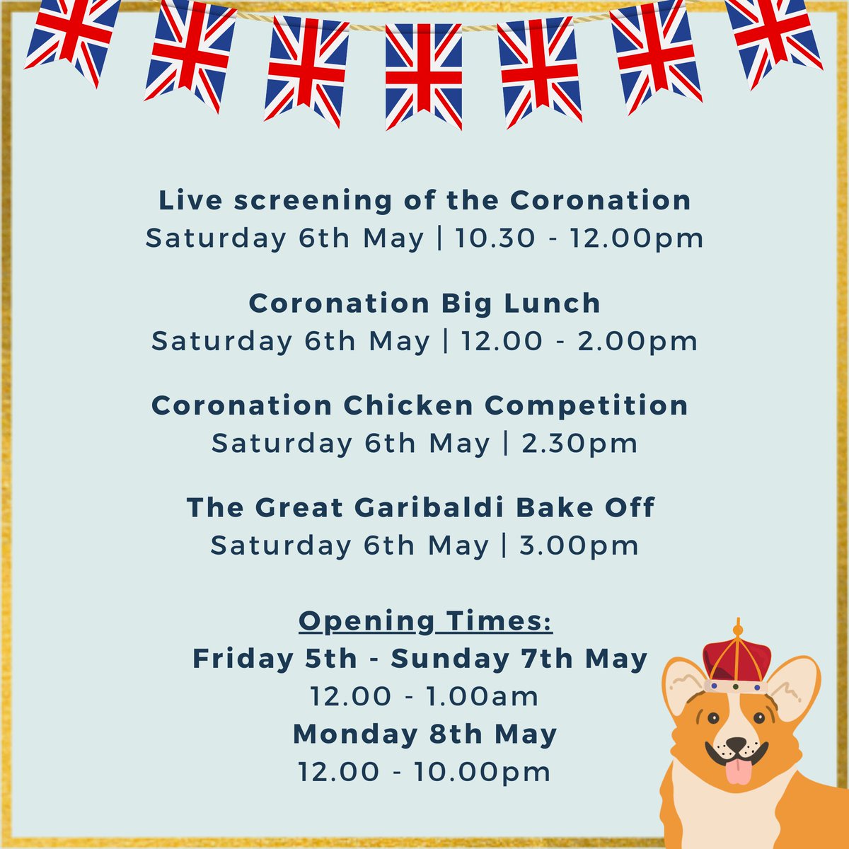 GariRedhill's tweet photo. Join us on the Coronation weekend for a royal celebration fit for a King! We've got lots planned, so don't miss out on the fun. #CoronationWeekend #NotJustAPub #CommunitiesCan https://t.co/HzHX6TIjMV