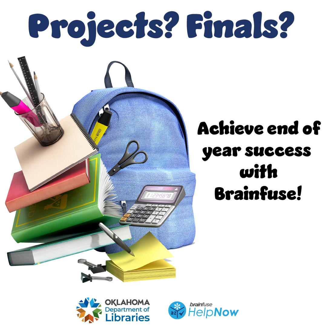 OKDeptLibraries's tweet photo. The end of the school year means finals and projects are due! But don’t worry, you can access Brainfuse's HelpNow to connect with a free live online tutor to help you succeed. HelpNow also offers writing assistance, plus practice tests and college prep tests—including the SAT. https://t.co/KbNhvpDPvj