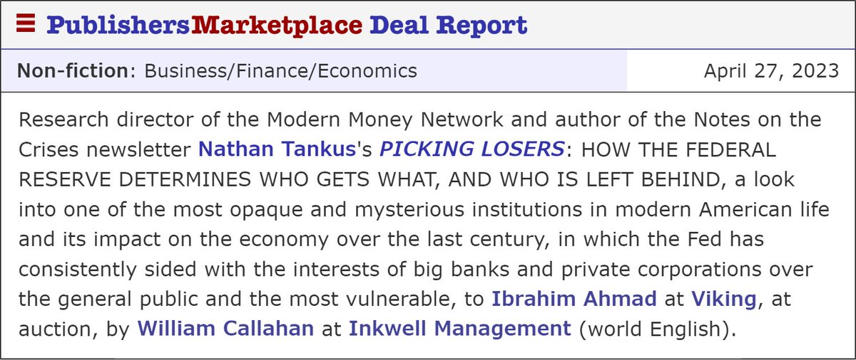Nathan FOIA Tankus (@nathantankus) on Twitter photo I'm beyond thrilled & excited to announce that my book Picking Losers, about the Federal Reserve, is under contract at <a href="/VikingBooks/">Viking Books</a>. It has been a long road to get to this point and I'm so grateful to everyone who contributed to this in big and small ways. Now, have to write it! I'm beyond thrilled & excited to announce that my book Picking Losers, about the Federal Reserve, is under contract at <a href="/VikingBooks/">Viking Books</a>. It has been a long road to get to this point and I'm so grateful to everyone who contributed to this in big and small ways. Now, have to write it!