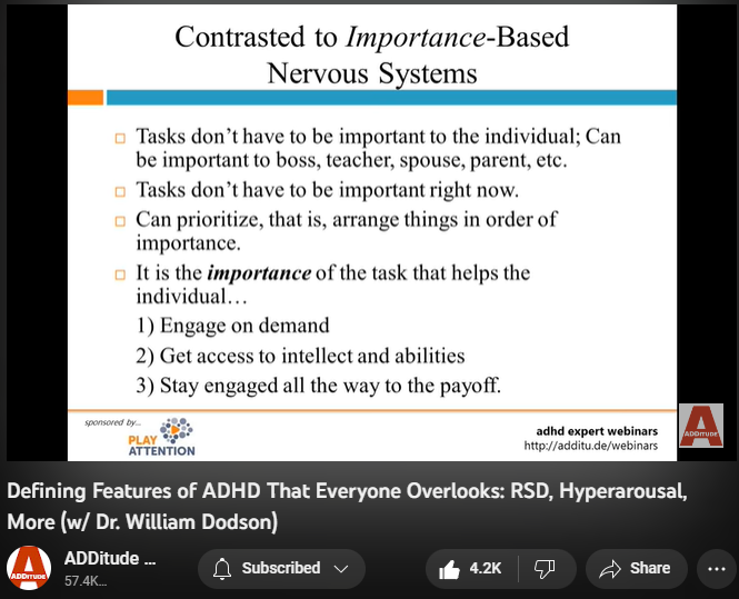 142,994 views  17 Mar 2022
The textbook symptoms of attention deficit hyperactivity disorder (ADHD or ADD) — inattention, hyperactivity, and impulsivity — are inadequate; they fail to reflect the complexity of the condition, and several of its most prevalent and powerful attributes.

Patients and clinicians who rely on the DSM-5 alone tend to overlook these defining features of ADHD:
1. an interest-based nervous system
2. rejection sensitive dysphoria
3. intense emotional responsiveness

In this hour-long webinar replay, leading ADHD expert William Dodson, M.D., explains how these core features affect the daily life of individuals with ADHD, and how they often complicate diagnoses and treatment plans.

3:00 The Criteria Are Made for Researchers - Not for Patients or Clinicians 
5:07 DSM-5 and ICD-10 Diagnostic Criteria 
6:20 Why does this matter?
7:00 Multimodal Therapy is No Longer the Standard of Care
8:43 Attention "Deficit" 
10:25 Required Elements
10:55 Interest-Based Nervous Syst