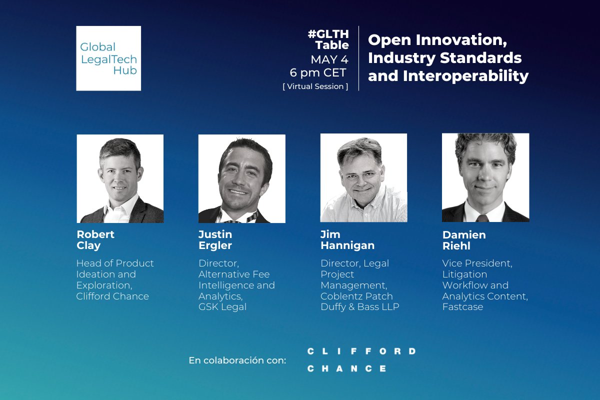 Glegaltechhub's tweet photo. Exciting #news! 📣 Join us on May 4 at 6pm CET for an insightful #GLTHtable event where we'll be discussing "Open Innovation, Industry Standards, and Interoperability" with an incredible lineup of 🗣 speakers!
More info 👉 https://t.co/uYSU0VpnML
#legaltech #GlobalLegaltechHub https://t.co/JCng2kZYuB