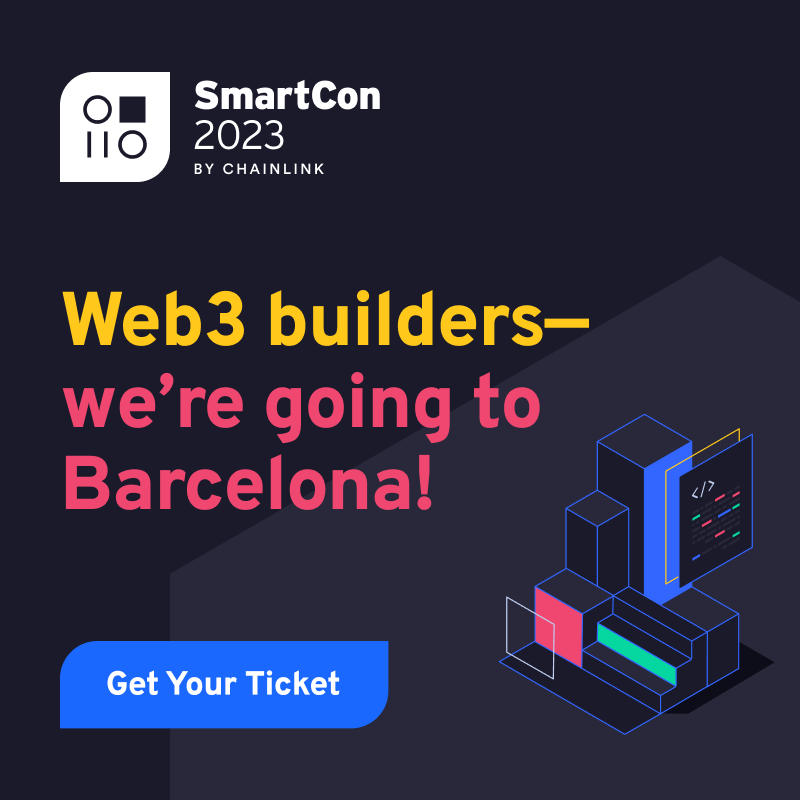 chainlink's tweet photo. Building in Web3? 

Mark your calendar for SmartCon 2023—this year, we’re heading to Barcelona 🇪🇸

Connect with top developers and check out the latest innovations. 

Get your ticket today👇
