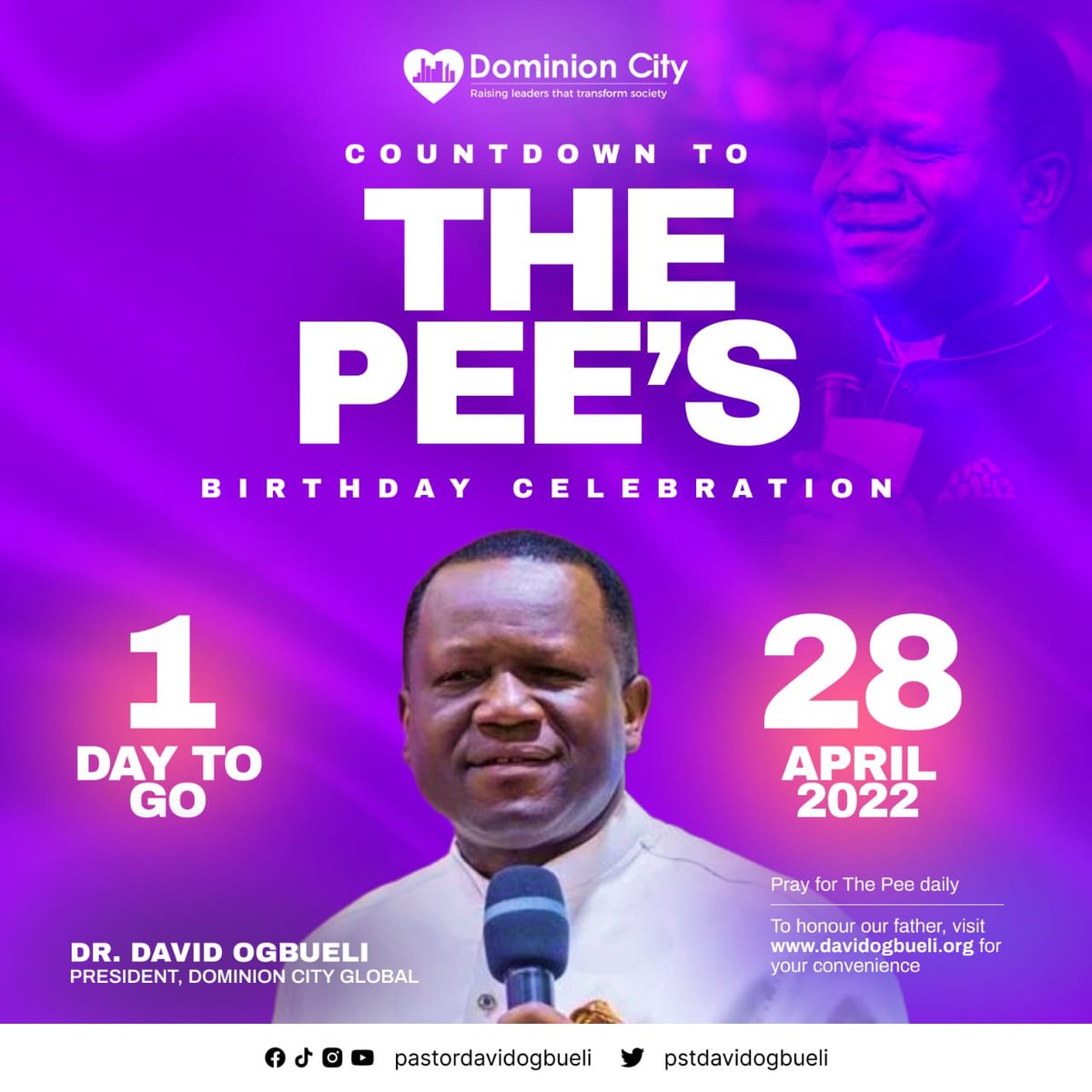 Celebrating our Father “THE PEE”.

#pastordavidogbueli
#dominioncity
#birthdaycountdown