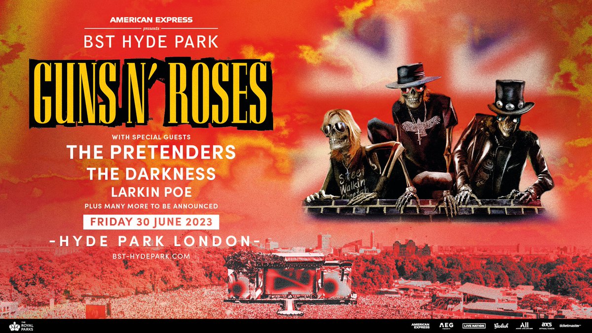 gunsnroses's tweet photo. London! See you at @BSTHydePark on June 30. Special guests: The Pretenders, The Darkness &amp; Larkin Poe. Tickets on sale now https://t.co/hPWlcJD6RA https://t.co/vT3TzpnT9c