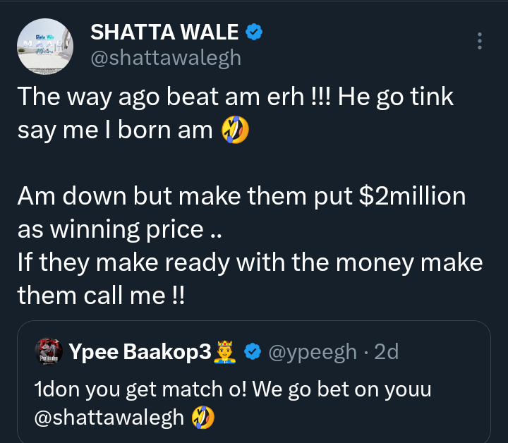 porchmusicc's tweet photo. Shatta Wale has responded to a boxing match challenge thrown at him by rapper Sarkodie in a hilarious way which has left a lot of fans talking.
He, however, added that a $2 million cash prize should be made available to the winner of the bout.
#traprema #idan #shattawale
#rap https://t.co/WxNtChT64n
