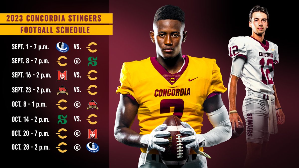 Concordia Stingers Football (@concordia_fb) on Twitter photo We can't wait! 
Check out our 2023 schedule and save the dates!
⬇️ ⬇️ ⬇️
#CUfootball #CUstingers We can't wait! 
Check out our 2023 schedule and save the dates!
⬇️ ⬇️ ⬇️
#CUfootball #CUstingers