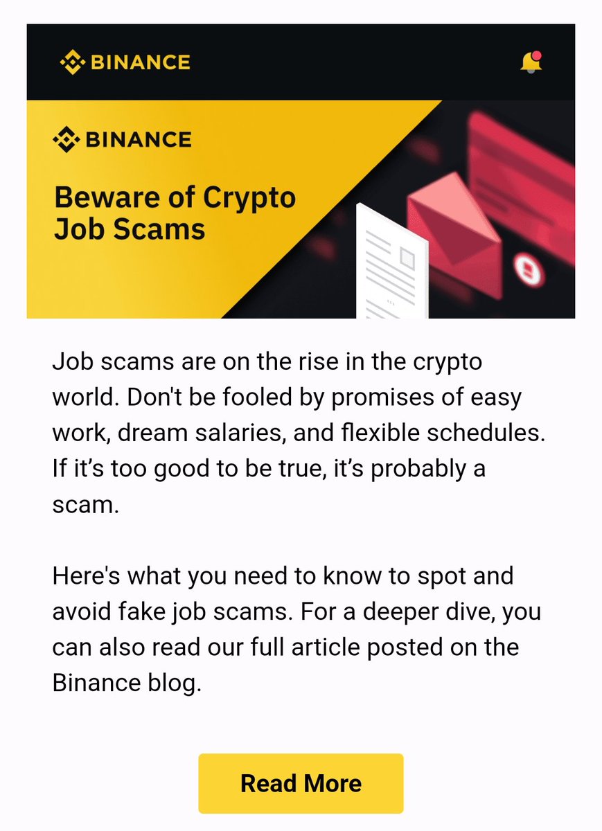Escobar_Vision's tweet photo. 🔔 Guys Be Aware of Crypto Job Scams.
°Read full blog by Binance 👇
https://t.co/yZk9RbmlUu https://t.co/avXmL8xojp