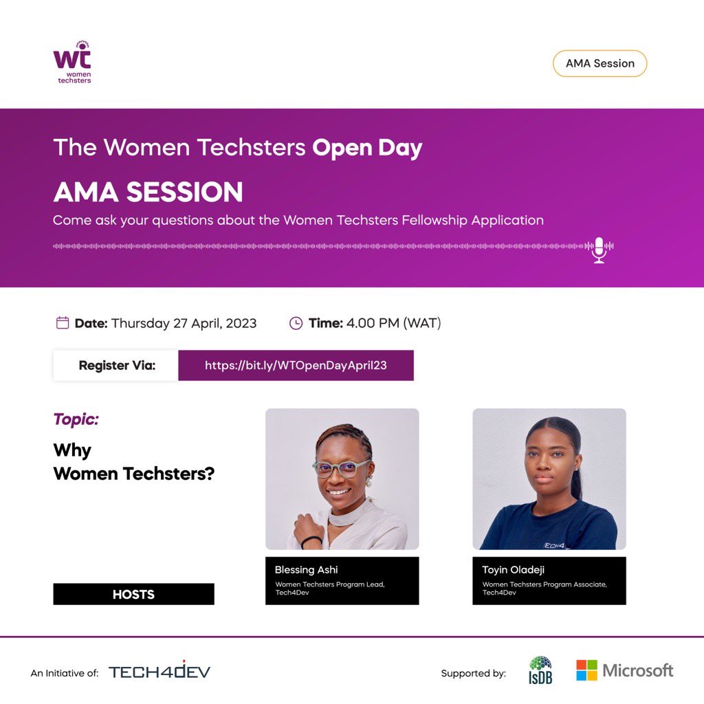 Tech4DevHQ's tweet photo. Participate in our Women Techsters open day and seize the chance to ask anything about the Women Techsters Fellowship Application. 

Our Programs Lead, Blessing Ashi, and Programs Associate, Toyin Oladeji, will be hosting an AMA session during the open day. https://t.co/7i2uqFywUe