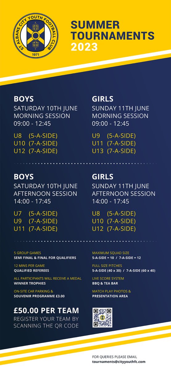 cityyouthfccm's tweet photo. 🔵@CityYouthFC Boys Tournament 10th June🟡

We have a space at our Boys' Tournament
👦U10
📅Saturday 10th June 
⏰09.00-12.45
📍@HighfieldParkTr 

Affiliated teams only. 

Please Register here if interested
👇
https://t.co/0C26oPMsMx https://t.co/0rKFRQPW1X
