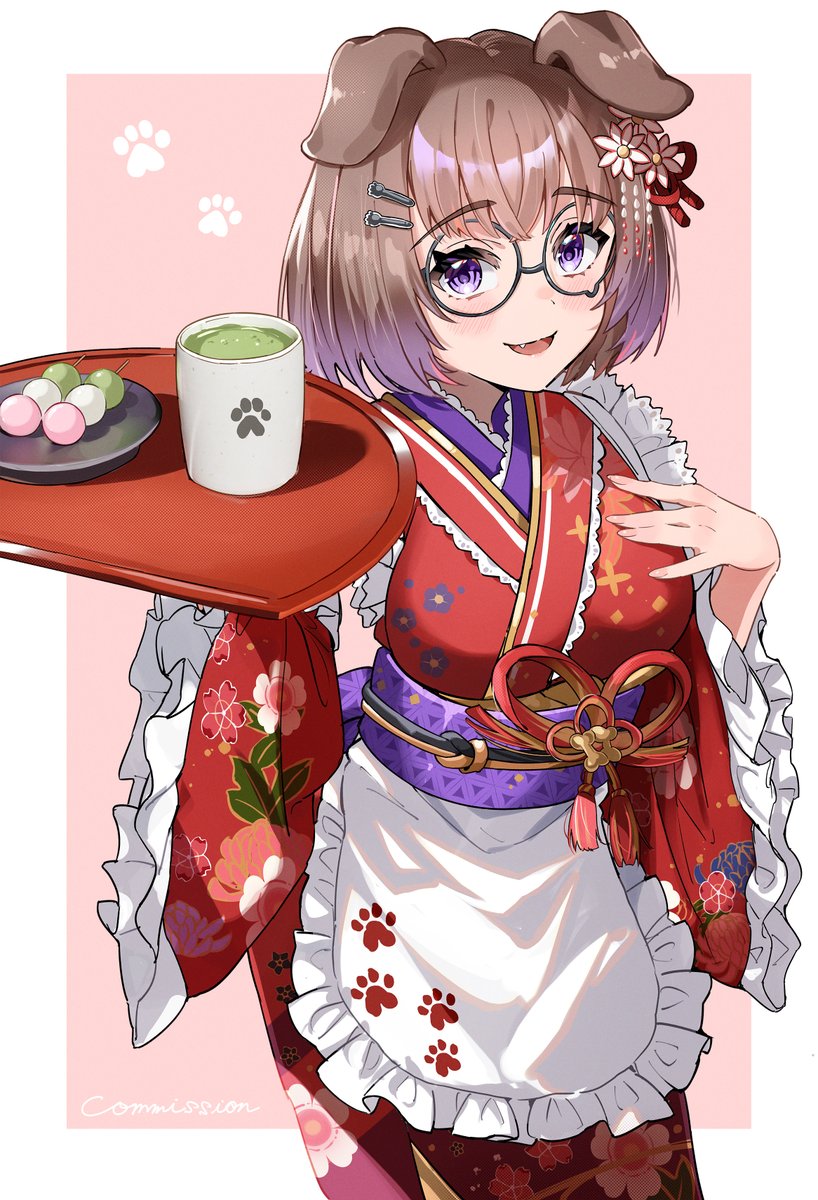 1girl animal ears solo japanese clothes glasses cup holding tray  illustration images