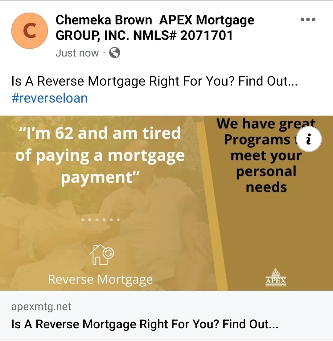 BrownChemeka's tweet photo. #ApexMortgageGroup
#ReverseMortgageLoan
#MortgageAdvisor https://t.co/kRA6PIiiRA