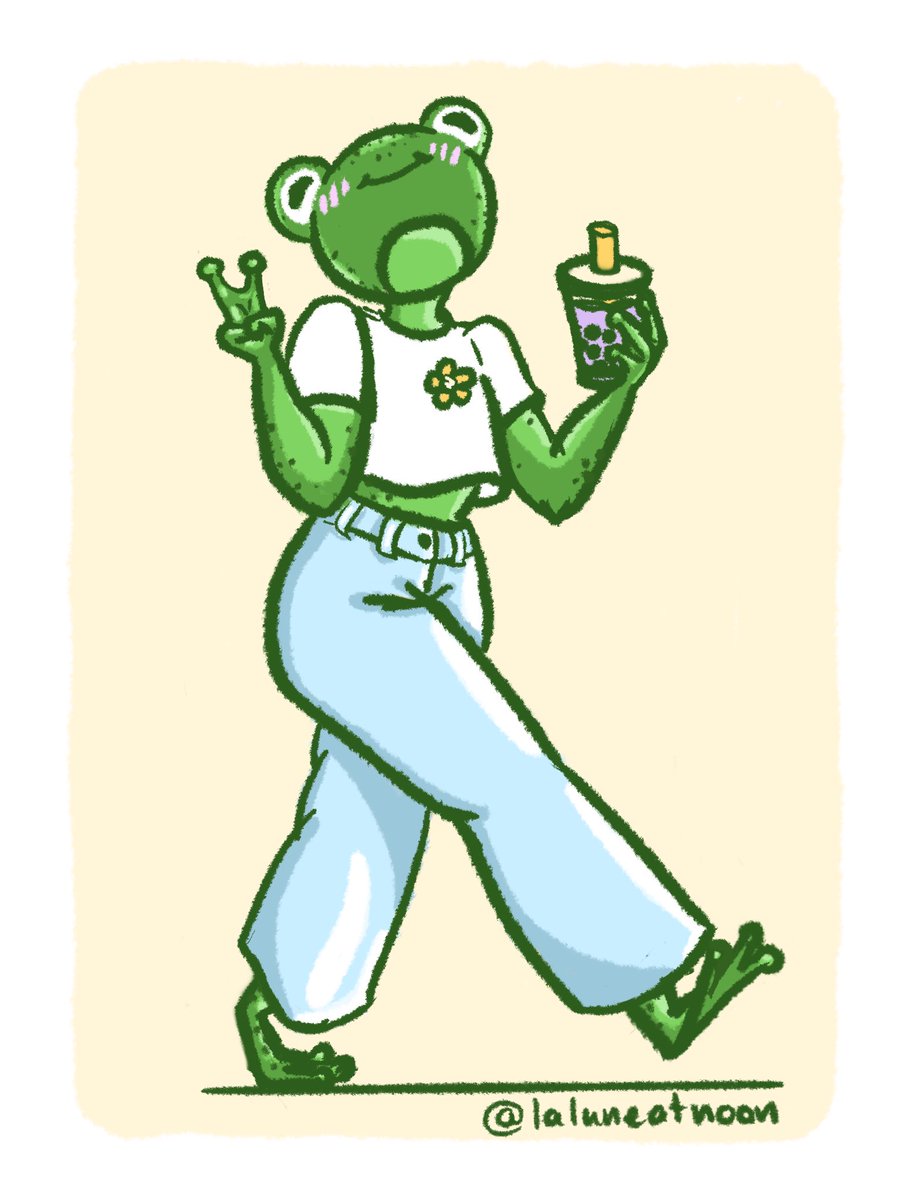LaLuneAtNoon's tweet photo. itโs a fine day for a frog girlโบ๏ธ I couldnโt decide between blue or yellow backgrounds so hereโs both! Which is your fav?๐ท #art #digitalart #wlw #wlwart #wlwartist #cute #spring #print #procreate #boba #frog #frogart https://t.co/J5QyraAtjX