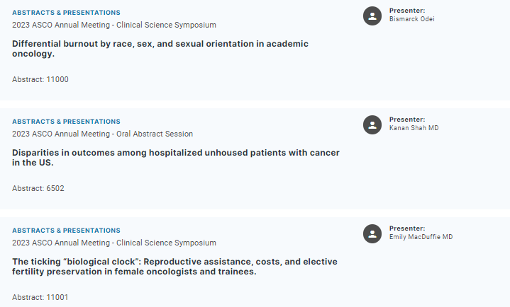 🎙️[tap,tap] Is this thing on? I was SO LUCKY to work on 1⃣7⃣ #ASCO23 abstracts focusing on access, affordability, & equity in oncology. 3⃣orals: Dr @BismarckOdeiMD on #burnout Dr @KShah0520 on equity for the unhomed (🏆MERIT AWARD) Dr @MaqDuff on #Fertility & #GenderEquity (1/🧵)