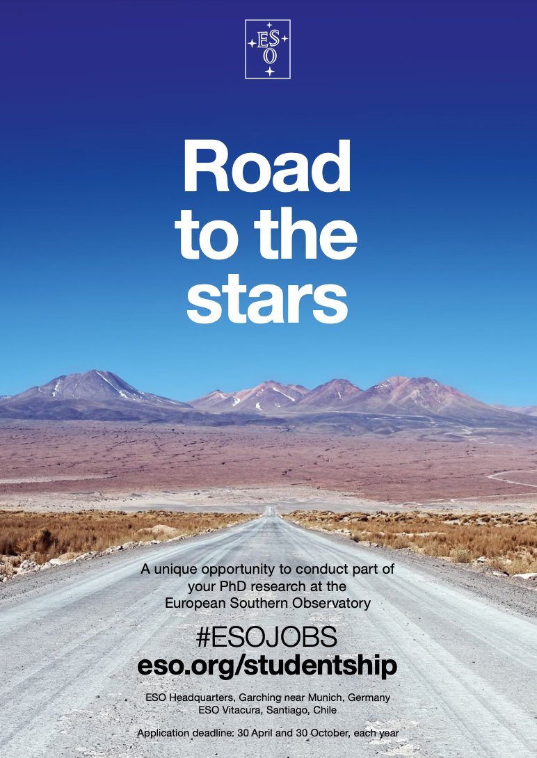 <a href="/EIROforum/">EIROforum</a> 2/ Only a few days left to apply for the ESO Studentship Programme! If you're enrolled in a PhD and want to do part of your research at ESO in Germany or Chile, then check this out. Deadline: 30 April.

More details: orlo.uk/k2FUv