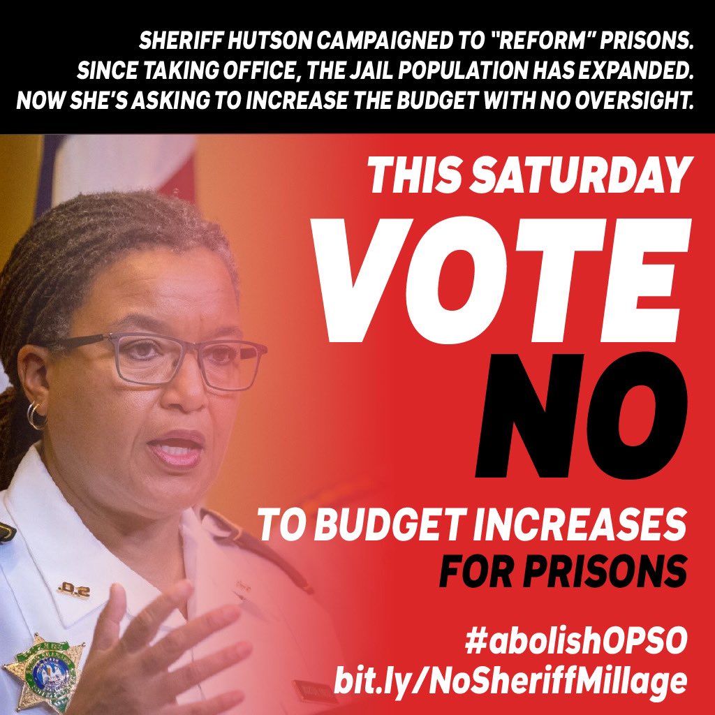 NewOrleansDSA's tweet photo. The Orleans Parish Sheriff’s Office is a great black hole through which public resources are sucked into a carceral system that can only produce corruption and violence. Vote NO this Saturday! https://t.co/l8EsjgA4mg