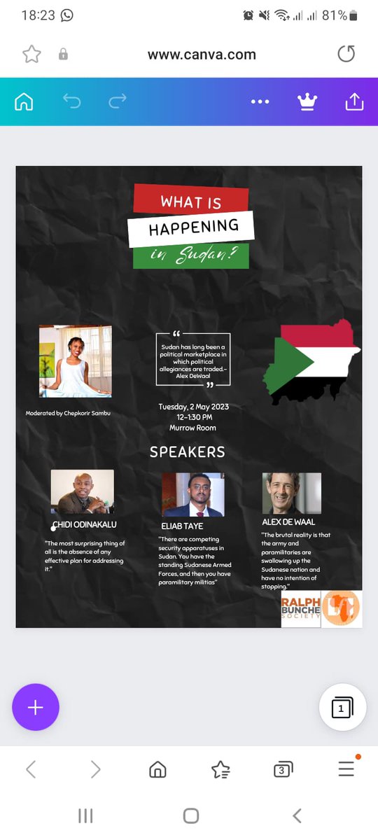 Join @africana_club, the Ralph Bunche Society, & @WorldPeaceFdtn next Tues, 2 May, to explore the deepening crisis in Sudan & what can be done about it, with indefatigable @s_chepkorir at the chair. You can register here: cglink.me/2dk/r2107630
