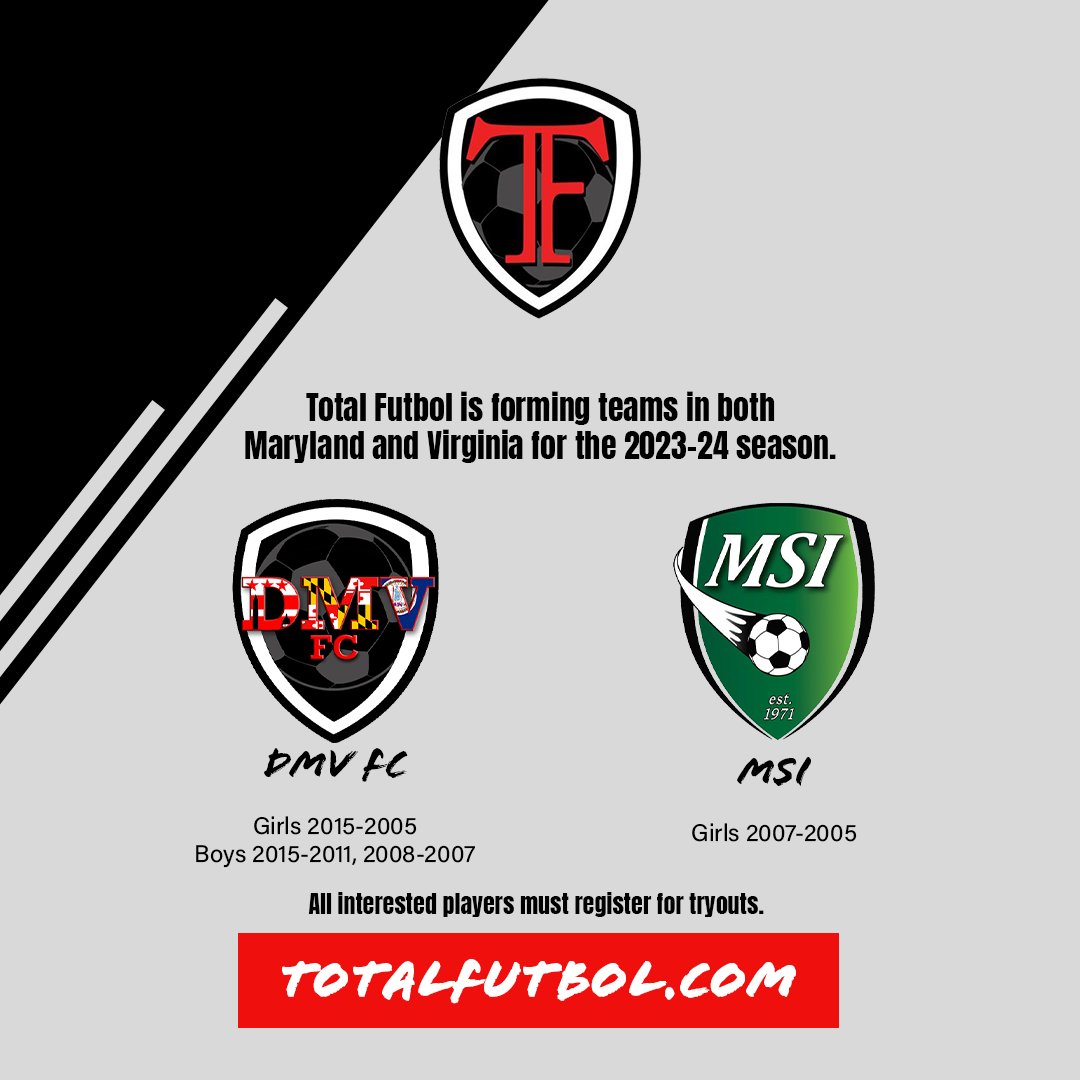 TotalFutbolVa's tweet photo. Join Total Futbol for the 2023-24 season!

Tryouts available for girls and boys teams in MD and VA. Join a team at @msisoccer or @dmv_fc to access high-quality coaching, year-round programming, camps, and more.

Learn more and register for tryouts: https://t.co/DabS7t6zi3 https://t.co/BhEsfdERjO