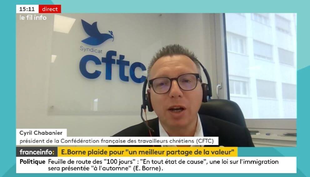 SyndicatCFTC's tweet photo. « Le problème c’est la méthode ! » 
@ChabanierCFTC  était invité par @franceinfoplus  à commenter les annonces faites par Elizabeth Borne. La Première ministre a présenté la feuille de route du gouvernement pour les 100 jours à venir.

https://t.co/SUowgiDqgQ
