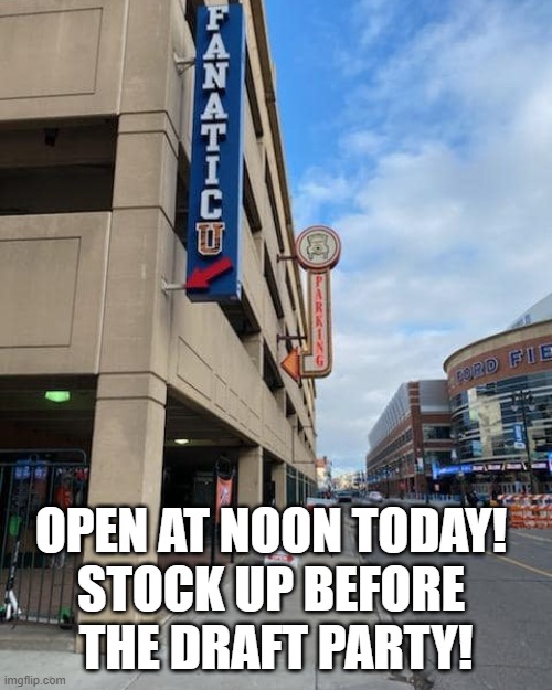 FanaticUSports's tweet photo. If you're going to the @Lions Draft Party at Ford Field tonight, be sure to stop by our Detroit store first and stock up on Lions gear! We have 2023 NFL Draft hats, plus plenty of jerseys, hoodies, jackets, hats and more! We'll be open through the end of the Tiger game tonight! https://t.co/ihSNxXWfUS
