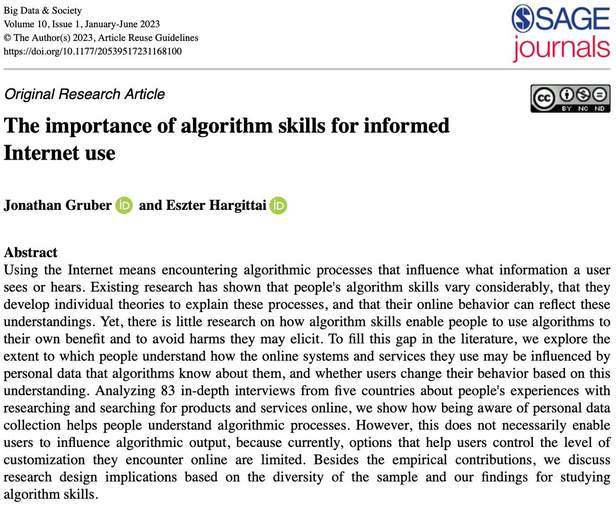 BigDataSoc's tweet photo. New paper out now! The importance of algorithm skills for informed Internet use by Jonathan Gruber (@gruberjona) &amp; Eszter Hargittai (@eszter) https://t.co/ZuDsmiLNSh  #algorithmSkills #algorithmLiteracy #awareness #personalDataCollection #personalization #privacy #InternetUse https://t.co/uBRV5BjnBx