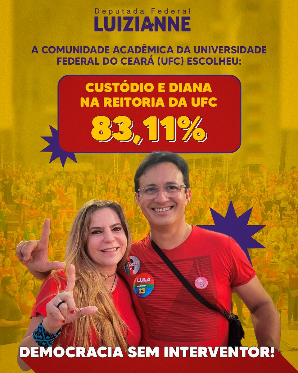 LuizianneLinsCE's tweet photo. Muito feliz com a vitória do professor Custódio na consulta interna para reitor da Universidade Federal do Ceará. Há 4 anos, nossa universidade foi sequestrada por um projeto antidemocrático. Agora, vence a educação. Parabéns! #ufce #ufc #democracia #educacao #LuluSomosTodos https://t.co/0HgeI3lhp9
