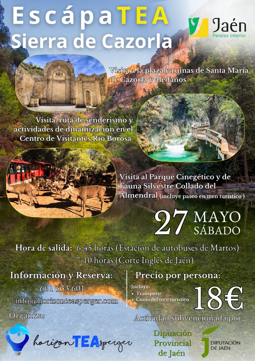 HorizonTEAsperger (@horizonteasper) on Twitter photo 🏕EscápaTEA “Sierra de Cazorla”
📆 Sábado, 27 de Mayo
⏰ Salida desde Martos (06:45 horas) y Jaén (07:10 horas).
📝Inscríbete poniéndote en contacto con nosotros a través del teléfono de la asociación (601 533 601) o el correo electrónico (info@horizonteasperger.com). 🏕EscápaTEA “Sierra de Cazorla”
📆 Sábado, 27 de Mayo
⏰ Salida desde Martos (06:45 horas) y Jaén (07:10 horas).
📝Inscríbete poniéndote en contacto con nosotros a través del teléfono de la asociación (601 533 601) o el correo electrónico (info@horizonteasperger.com).